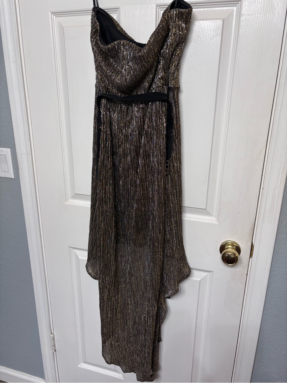 bebe Metallic Bronze-Gold High-Low Evening Dress - Picture 3 of 4
